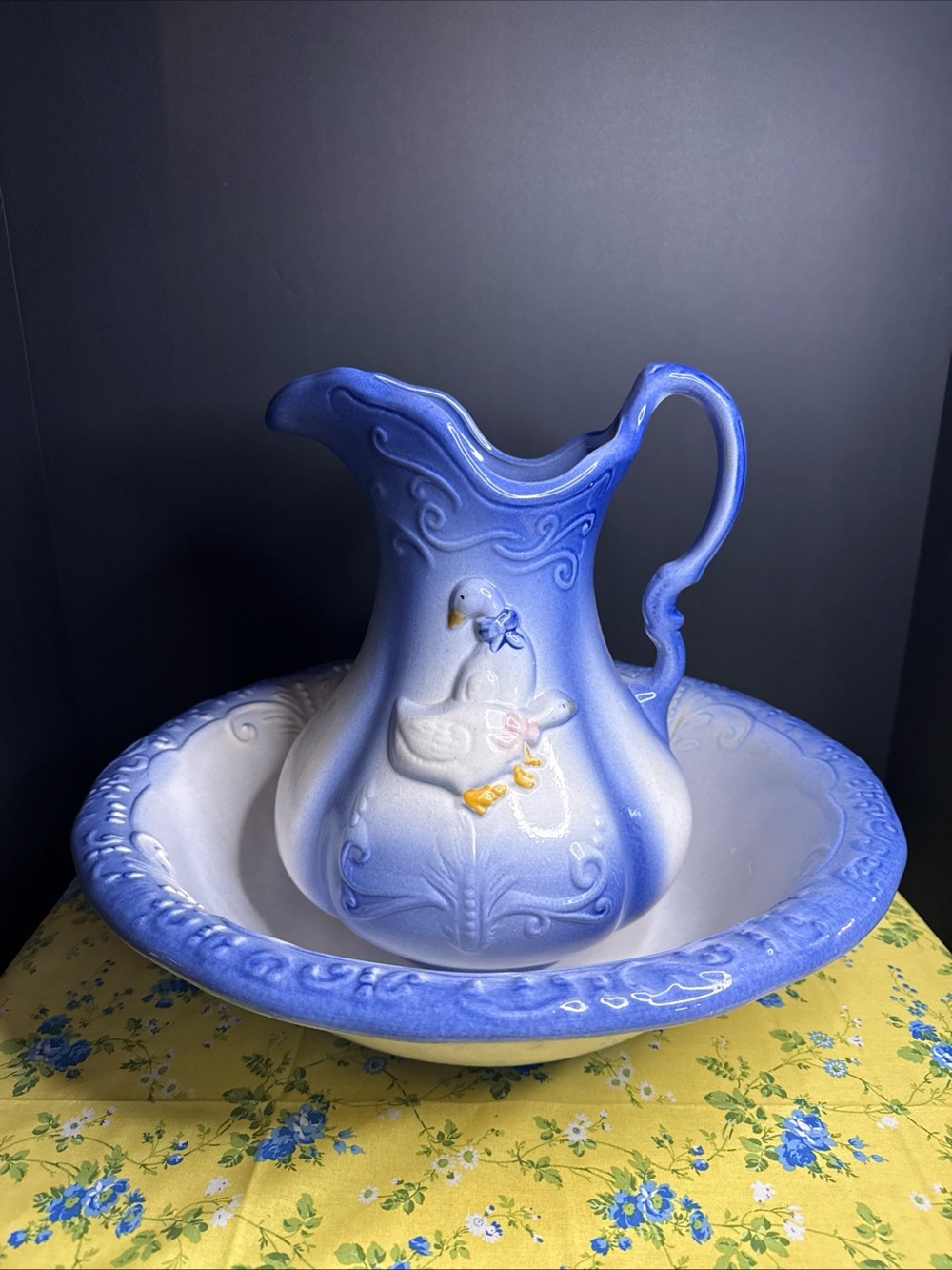 Blue and white geese ironstone pitcher and wash basin